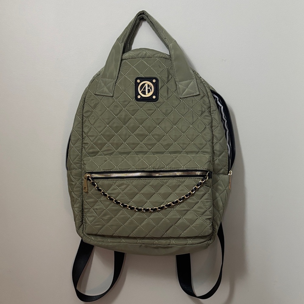 ALEXIS BENDEL Sage Green Quilted Nylon Backpack with gold Accent Chain! 10” L